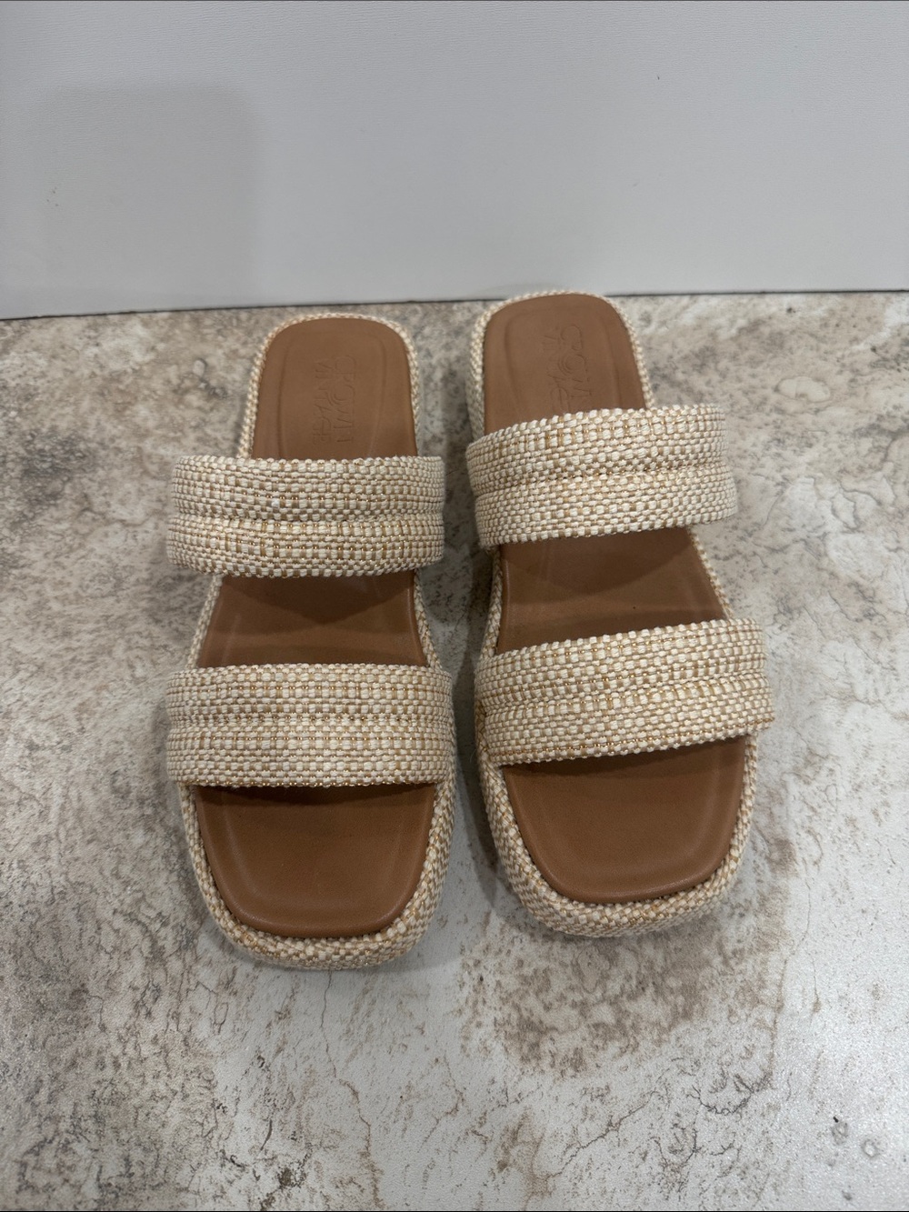Crown Vintage Woven Double-Strap Slide Sandals in Cream